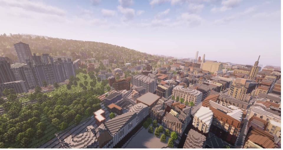 A real city generated as a Minecraft world, seen from above