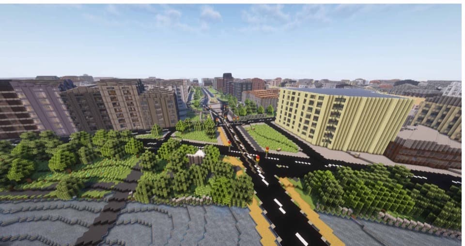 A dense urban intersection rendered as a Minecraft world