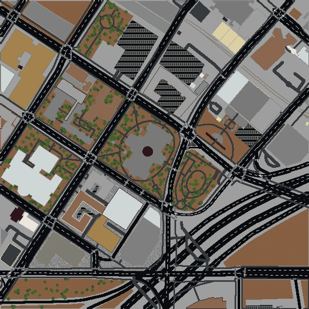 Top-down view of Atlanta generated as a Minecraft world