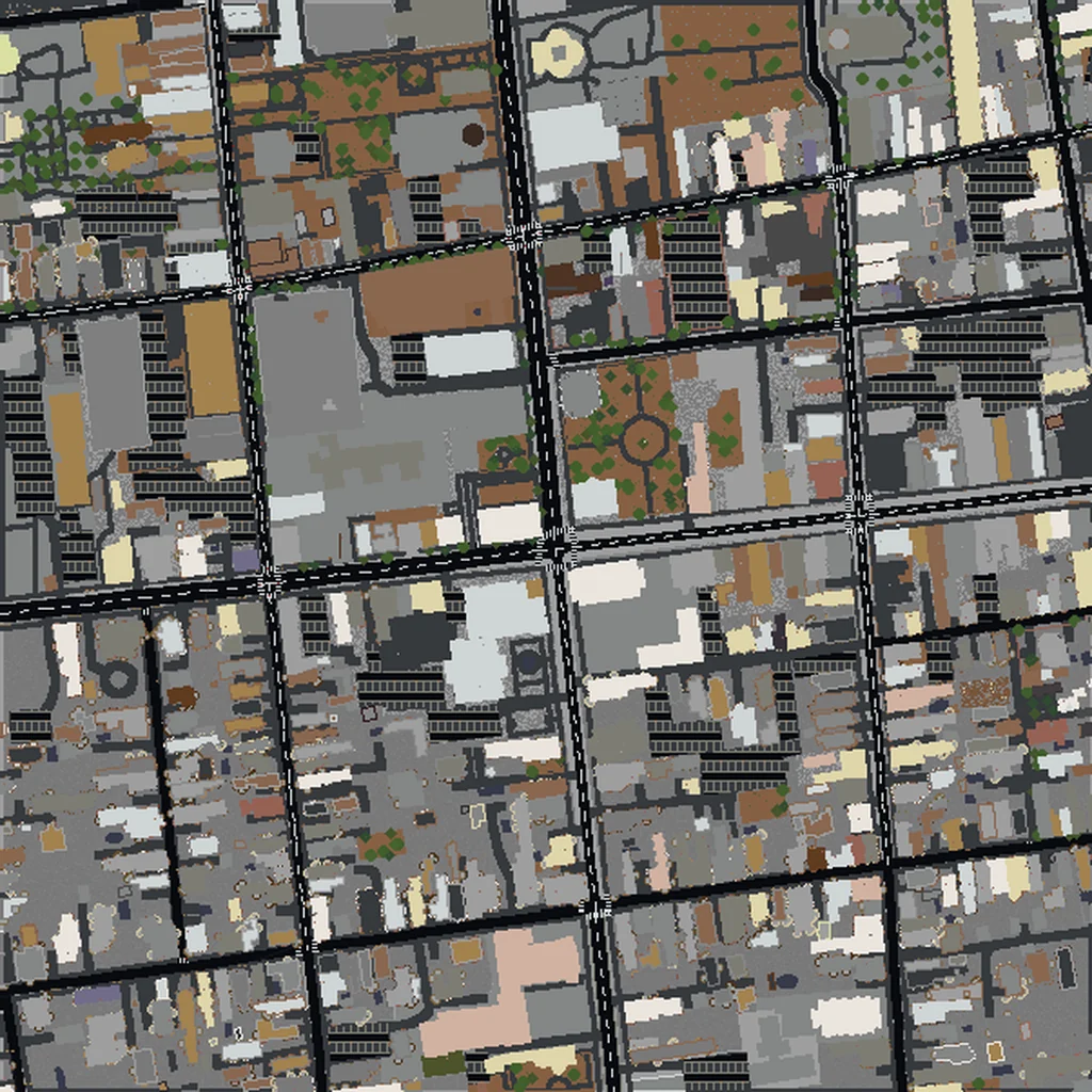 Top-down view of Charleston generated as a Minecraft world