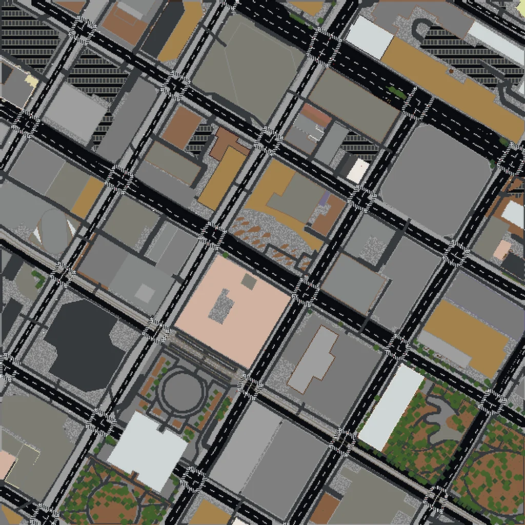 Top-down view of Minneapolis generated as a Minecraft world