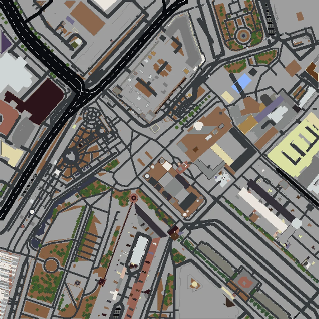 Top-down view of Moscow generated as a Minecraft world