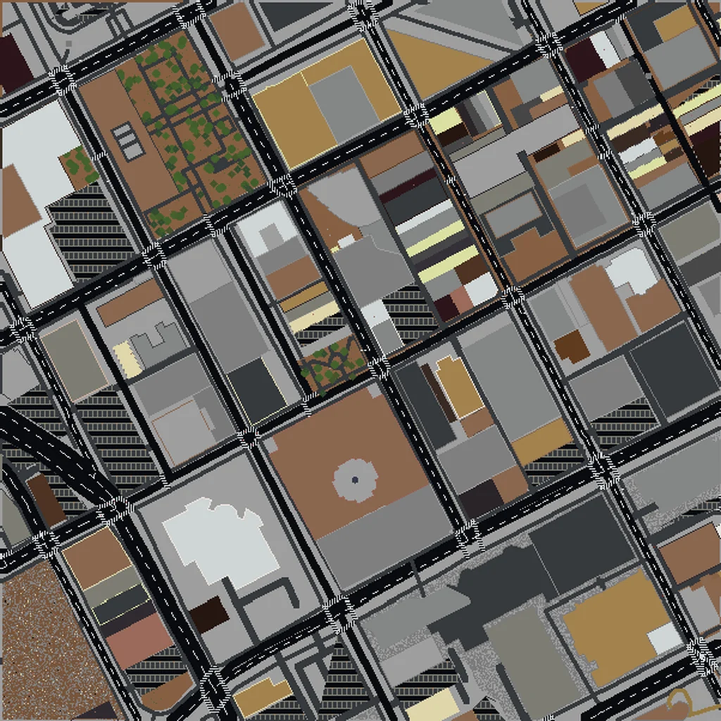 Top-down view of Nashville generated as a Minecraft world